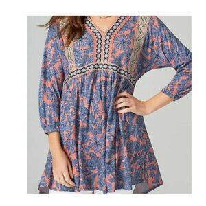 J. Jill Women's Tunic Top Crochet Trim Floral Tie-Back Blouse Boho Oversized XS